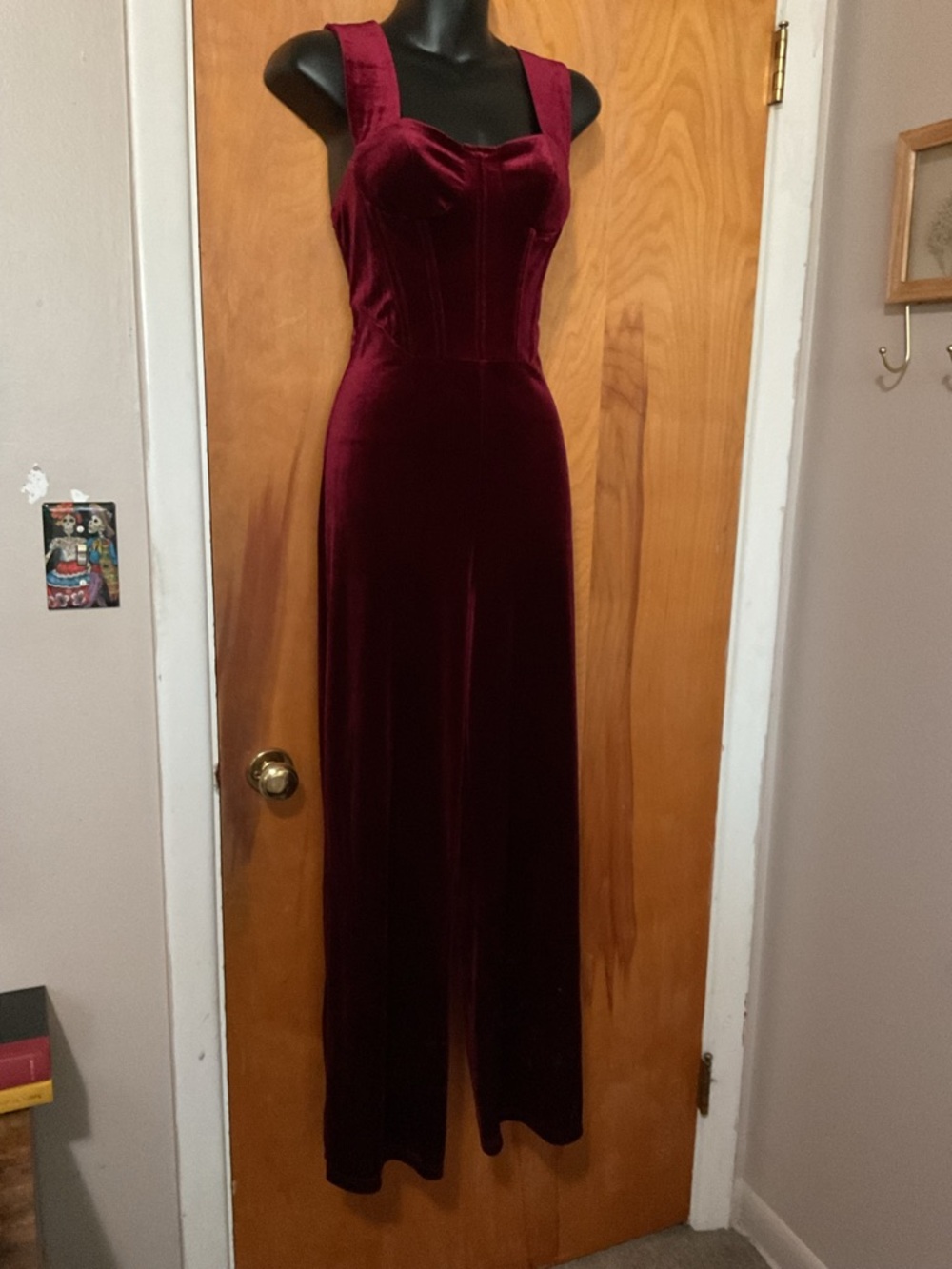 Cider Burgundy Velvet Jumpsuit with Structured Bodice